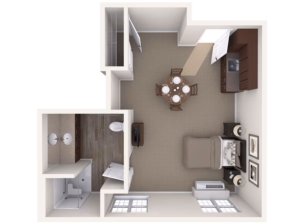 3D top-down floor plan of a studio apartment featuring a bed and nightstands, a round dining table, kitchenette, bathroom with shower, and a closet.
