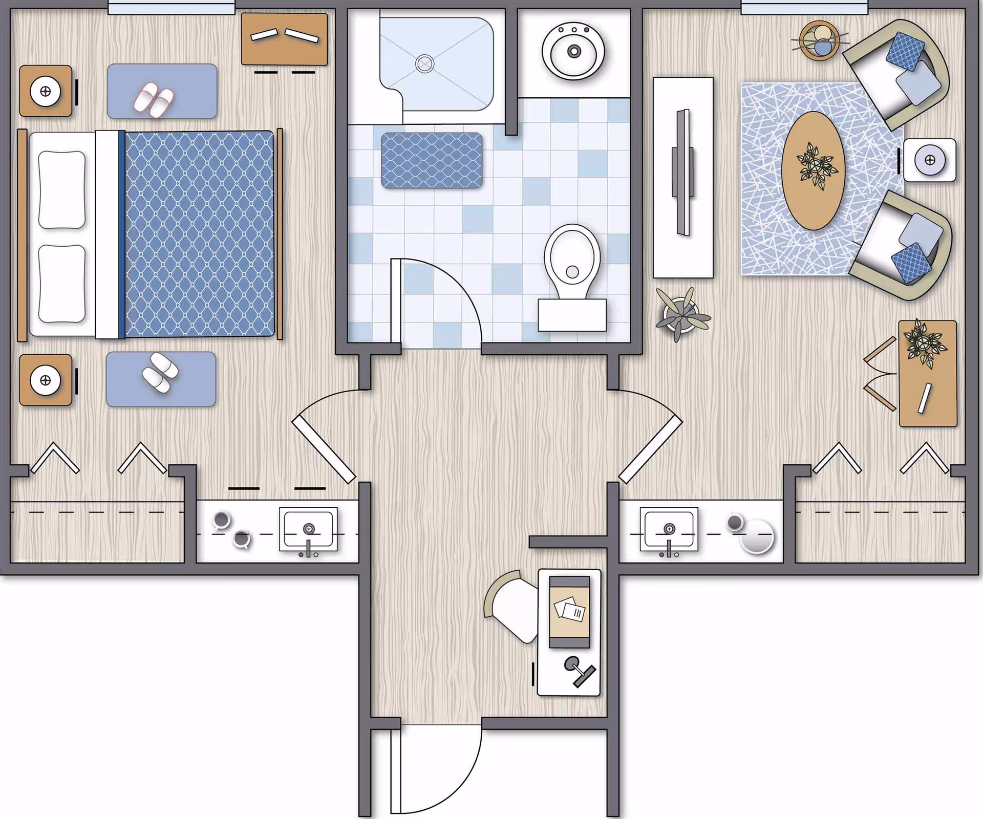 Floor plan of a senior living unit at Antebellum Grove Senior Living showing a bedroom with a bed, nightstands, and slippers, a bathroom with a shower, toilet, and sink, a living room with two chairs, a coffee table, a TV, and a desk with a chair, and an entry area with a small desk and chair.