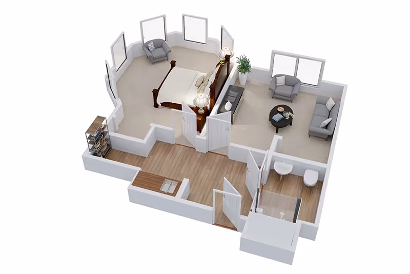 3D rendered one-bedroom apartment floor plan showing a bedroom, living area with seating, small kitchen area, and a bathroom.