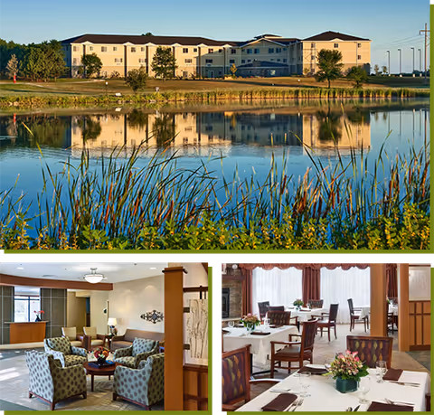Top image shows a large building reflected in a calm pond with tall grass in the foreground under a clear sky. Bottom left image shows a cozy living room area with patterned armchairs, a coffee table, and a reception desk in the background. Bottom right image shows a dining room with tables set with white tablecloths, floral centerpieces, and chairs, with large windows and curtains in the background.