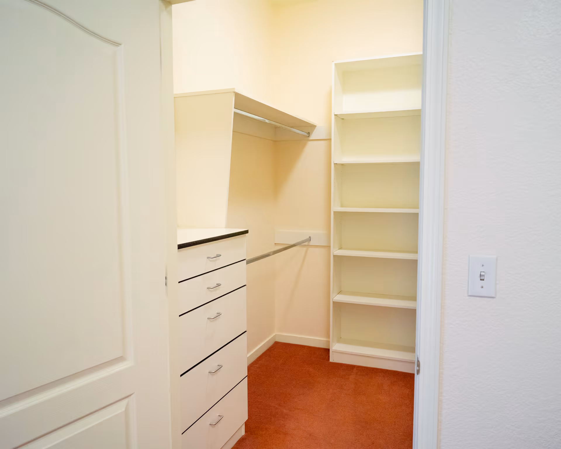 Empty walk-in closet with white built-in shelves and drawers, a hanging rod, and a red carpeted floor.