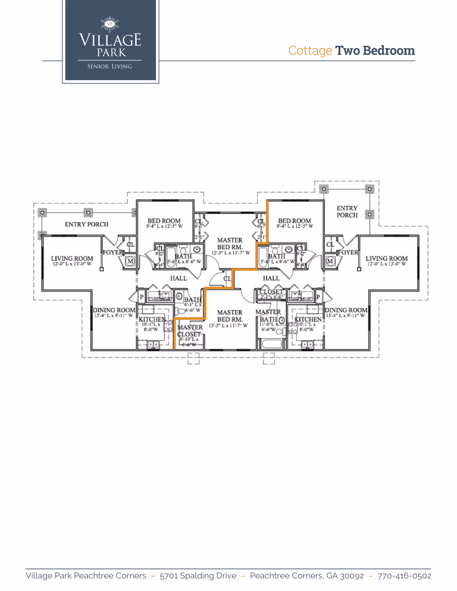 Floor plan layout of a two-bedroom cottage at Village Park Senior Living, showing two mirrored living units each with an entry porch, foyer, living room, dining room, kitchen, two bedrooms including a master bedroom with master bath, additional bathrooms, closets, and hallways.