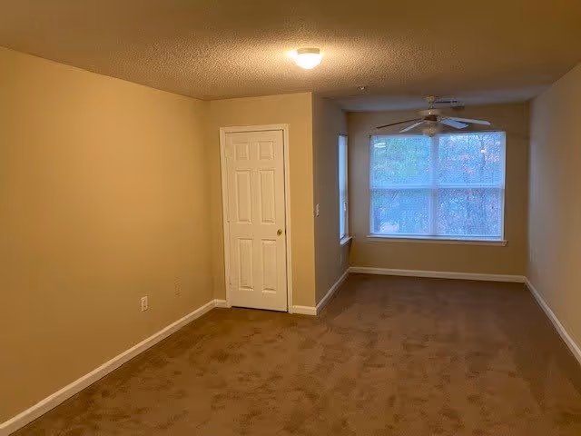 Empty carpeted living room with beige walls, a closet door, a ceiling fan, and a large window overlooking trees.