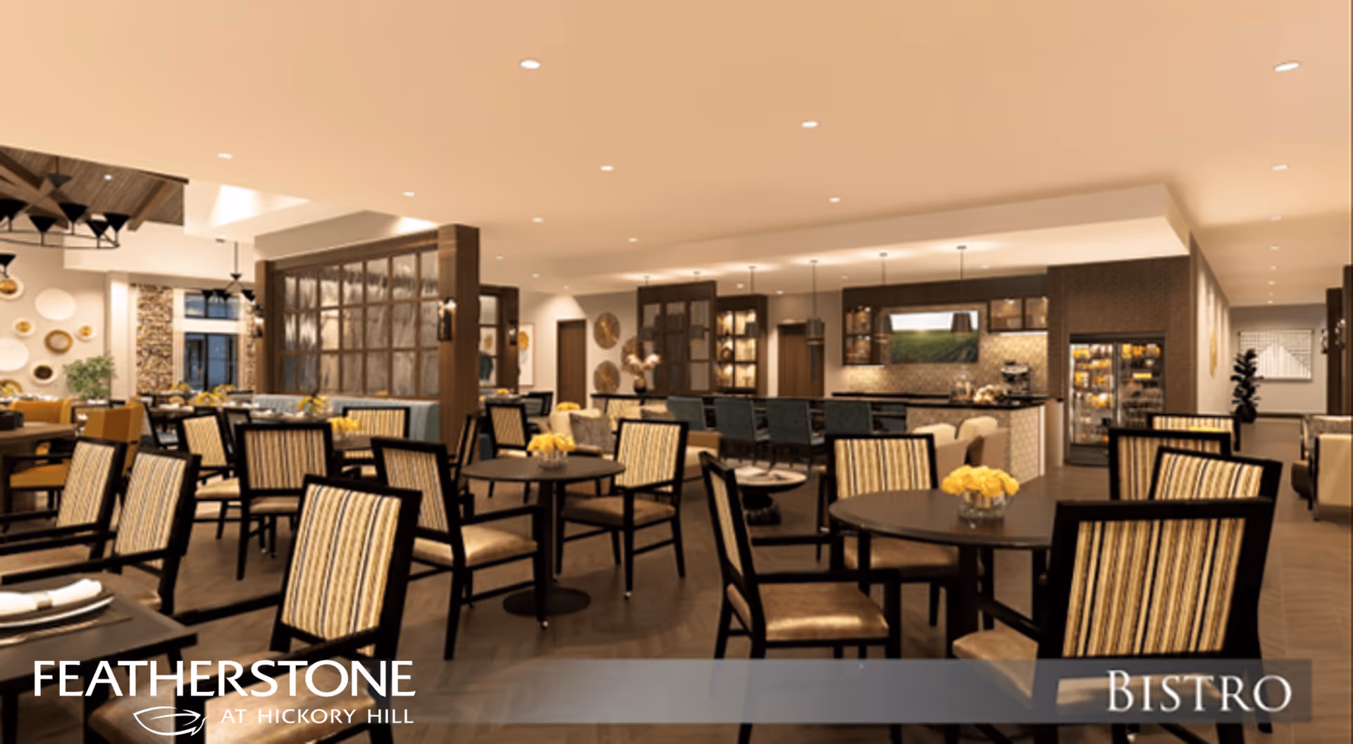 Well-lit bistro-style dining area with multiple round tables, striped chairs, and a service counter in the background.