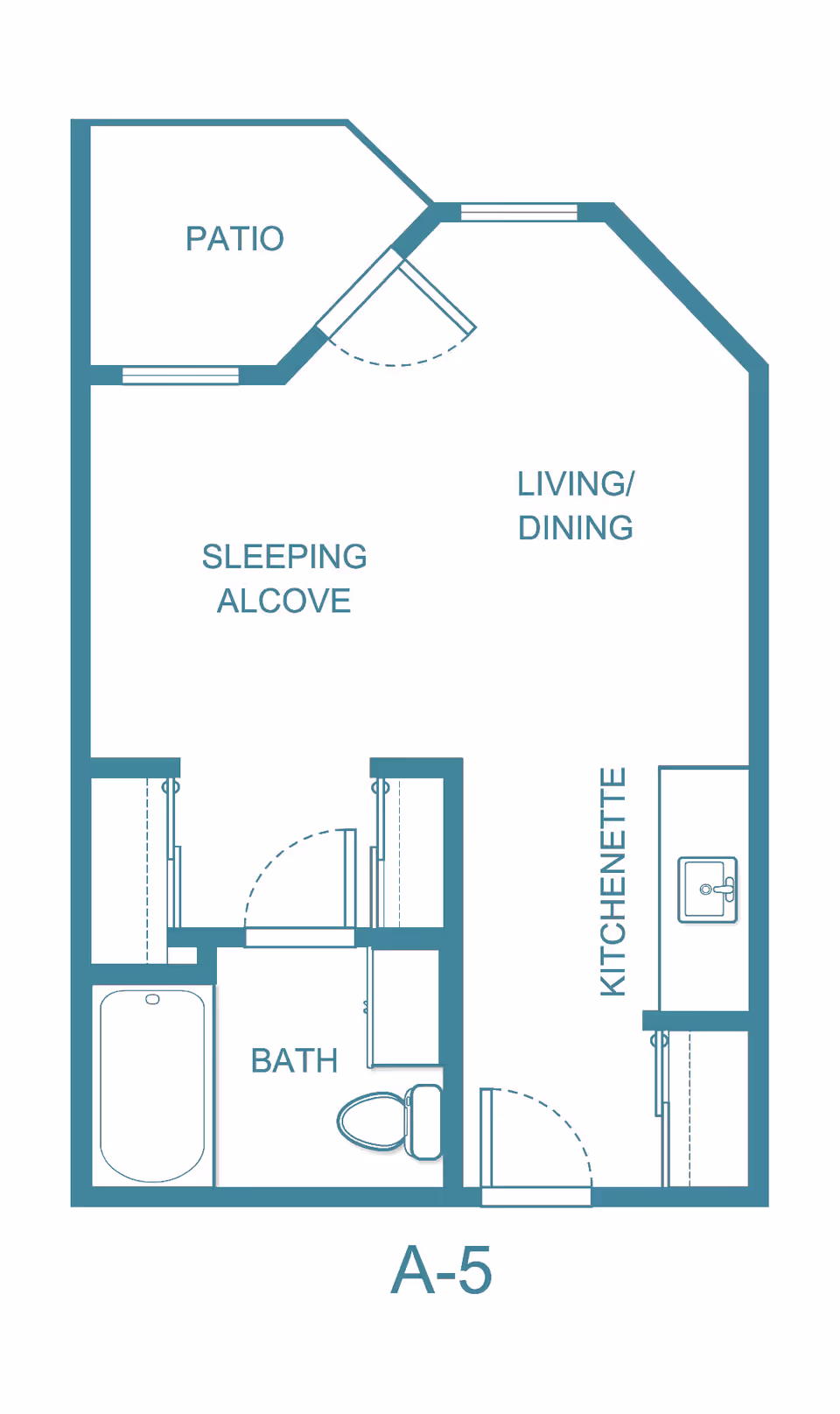 Floor plan labeled A-5 showing a layout with a patio, sleeping alcove, living/dining area, kitchenette, and bath.