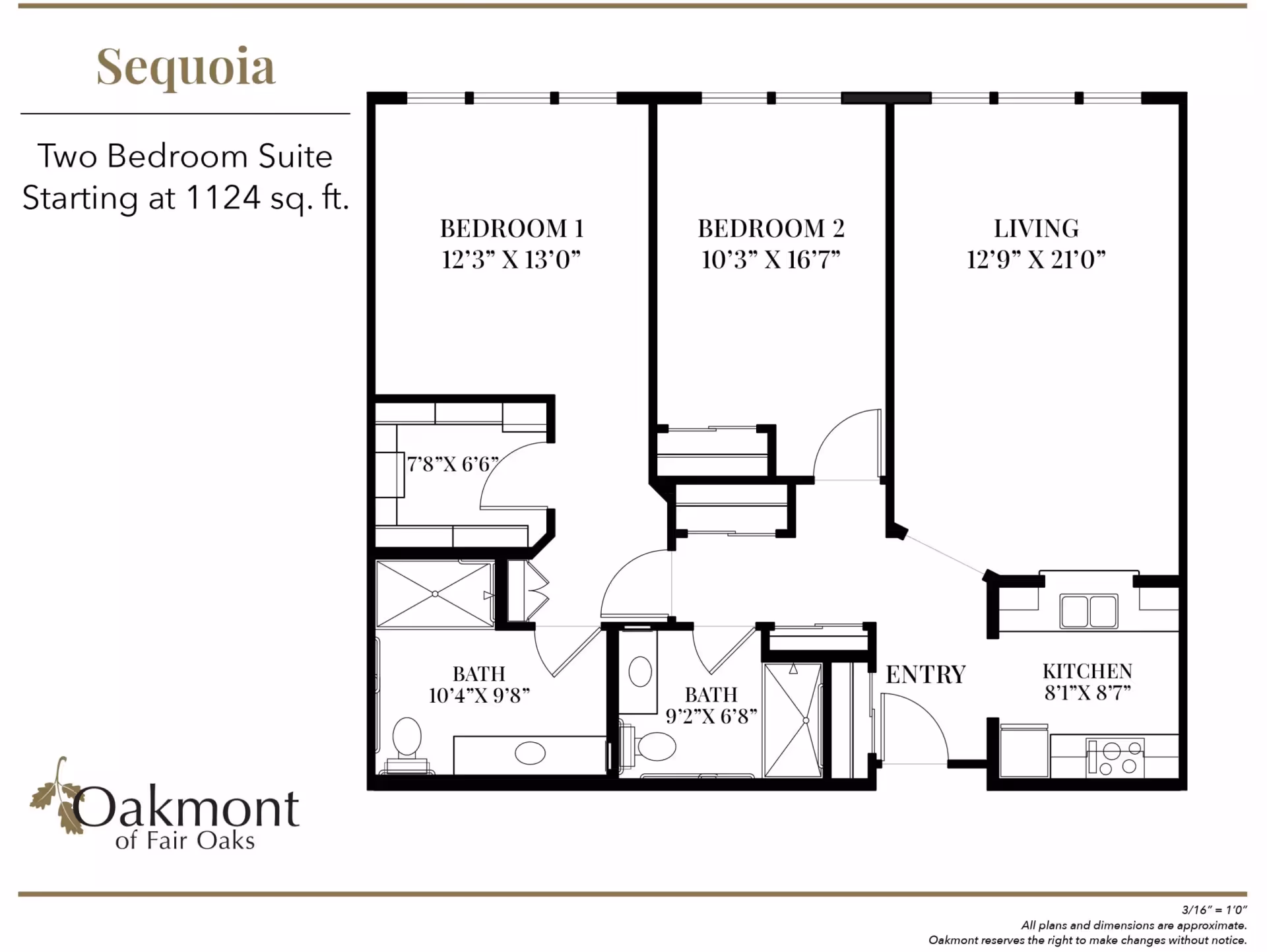 Floor plan titled 'Sequoia' showing a two-bedroom, two-bath apartment layout with labeled rooms and dimensions from Oakmont of Fair Oaks.