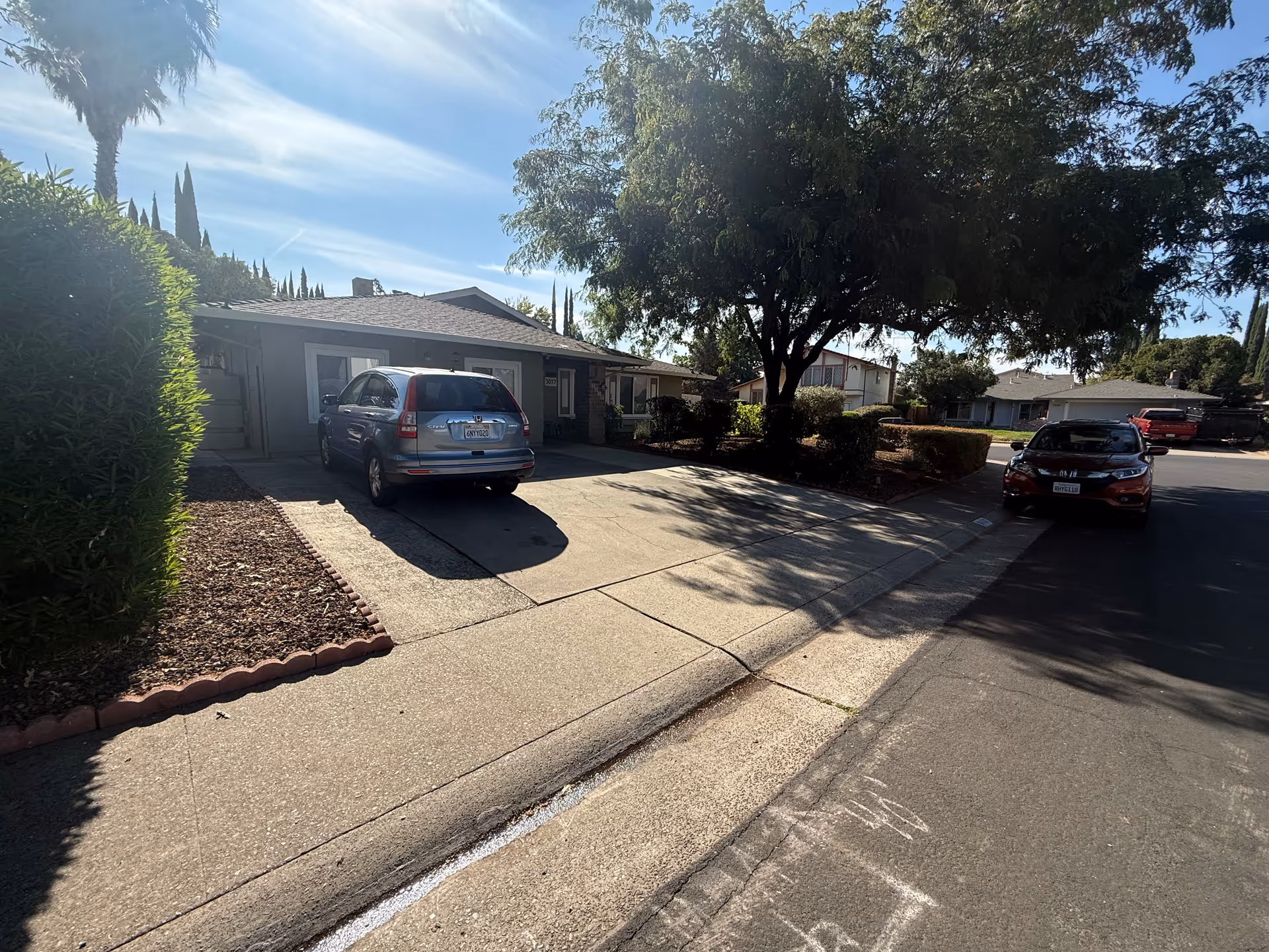 Single-story house front with a driveway, two parked cars and a large tree on a residential street.