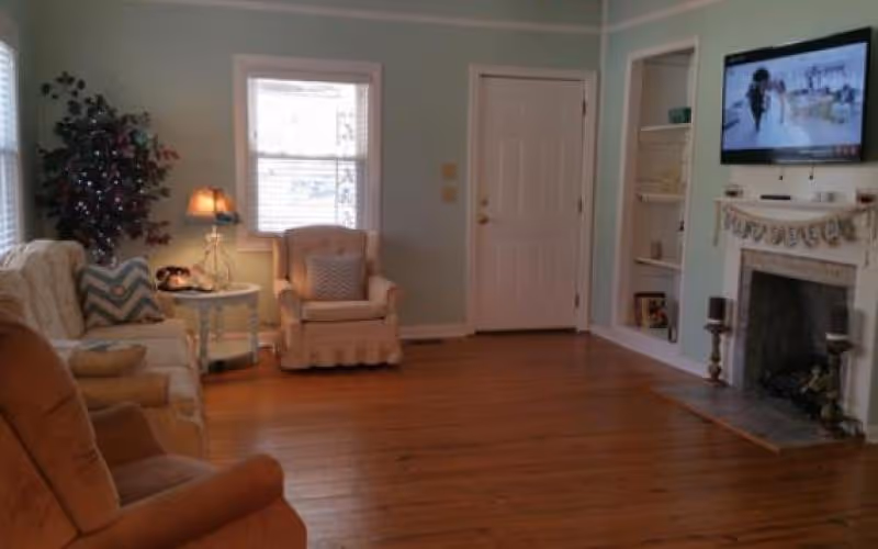 A cozy living room with wooden floors, a beige sofa, an armchair, a side table with a lamp, a potted plant near the window, a white door, built-in shelves, a fireplace with decorative items, and a wall-mounted TV.