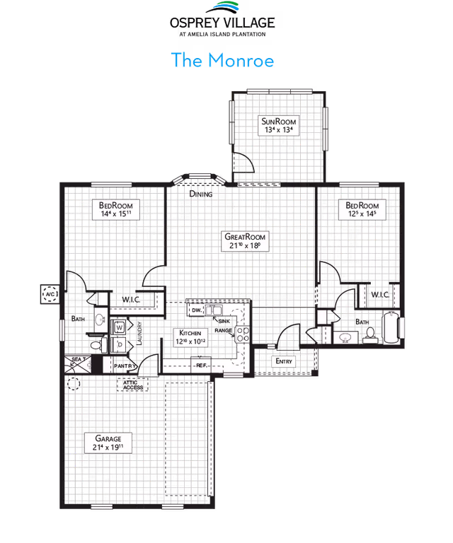 Architectural floor plan titled The Monroe showing layout of rooms including two bedrooms, a great room, kitchen, sunroom, garage, and bathrooms with dimensions.