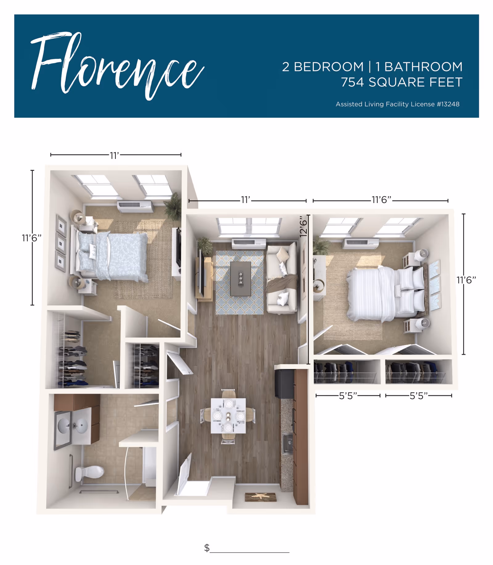 3D floor plan of a two-bedroom, one-bathroom assisted living apartment named Florence, measuring 754 square feet. The layout includes two bedrooms with beds and closets, a bathroom with a sink, toilet, and shower, a living room with a sofa and TV, and a dining area adjacent to a kitchen with cabinets and appliances.