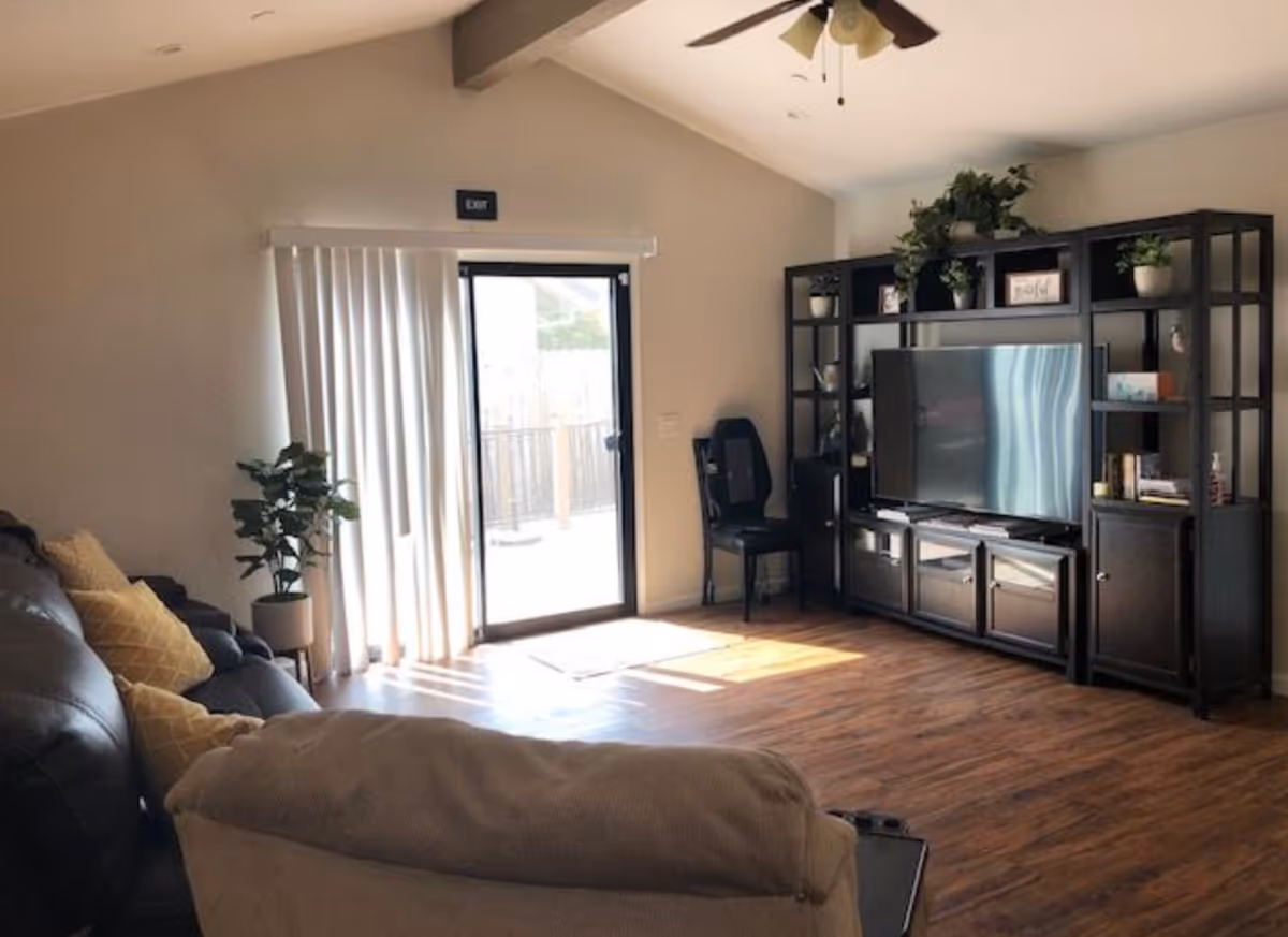 A cozy living room with a brown leather sofa and a beige armchair facing a large flat-screen TV on a black entertainment center. The room has wooden flooring, a ceiling fan, and a sliding glass door with vertical blinds letting in natural light. There are several potted plants and decorative items on the shelves of the entertainment center.