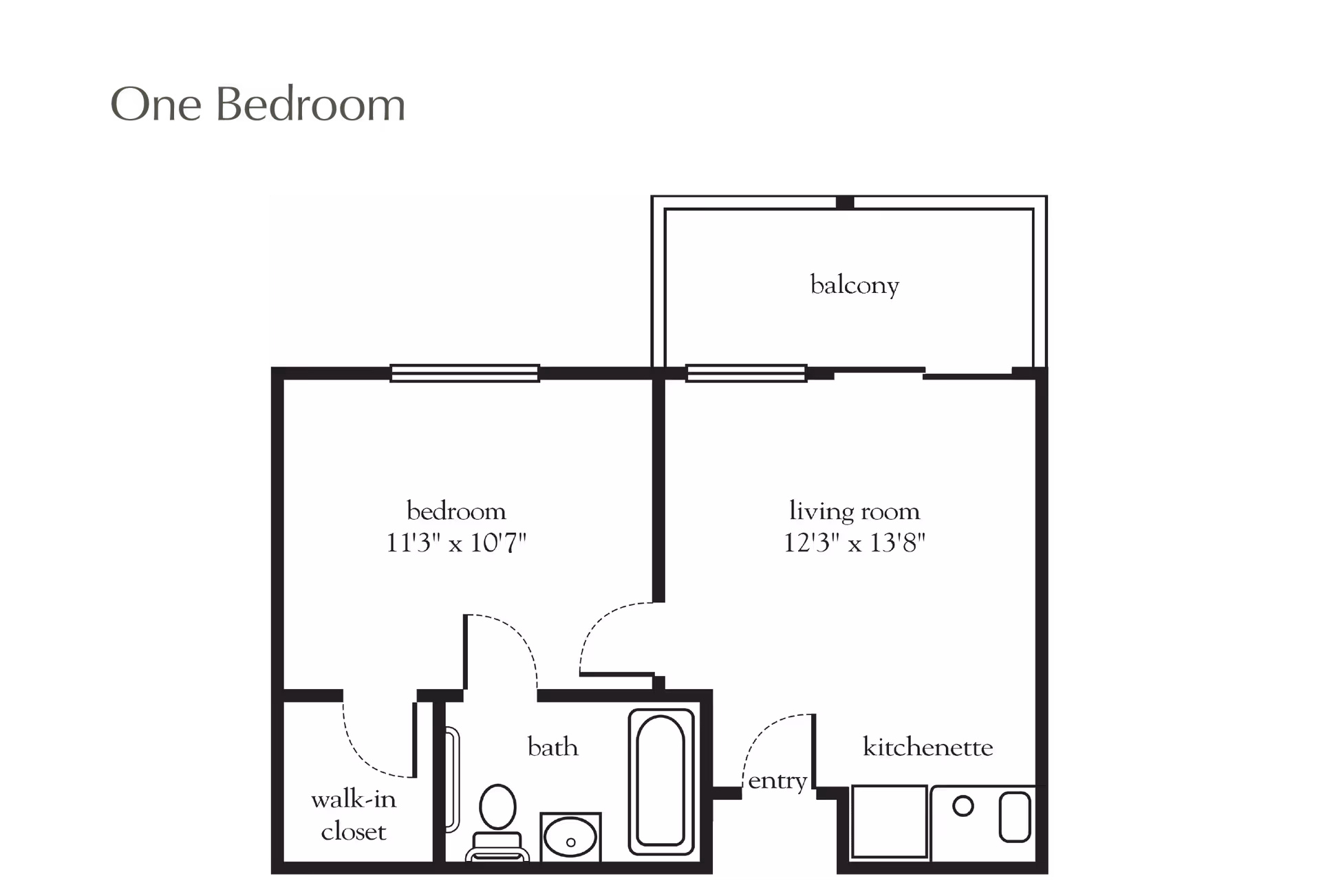 Black-and-white one-bedroom floor plan showing a bedroom with walk-in closet, bathroom, living room with balcony, kitchenette, and entry.