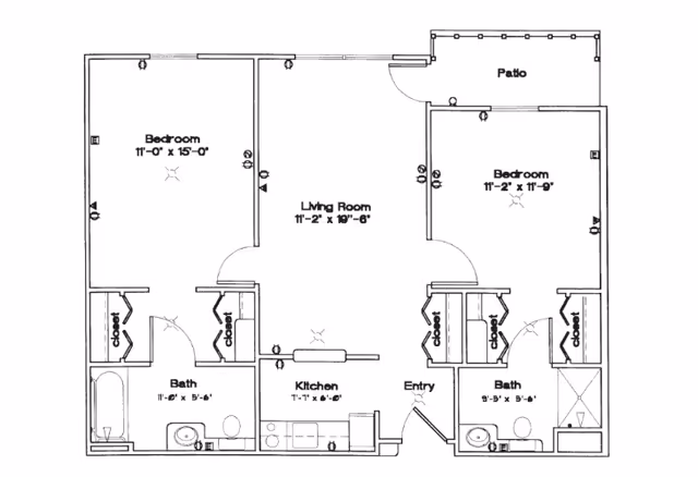 Architectural floor plan of a residential unit at Sycamore Manor showing two bedrooms, two bathrooms, a kitchen, a living room, an entry area, closets, and a patio.