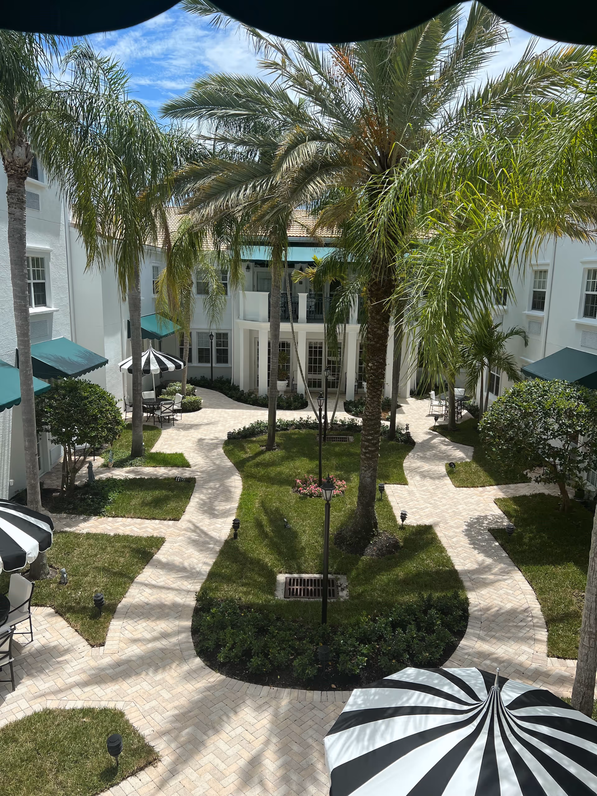 A sunny courtyard with paved walkways, green grass, palm trees, and shrubs. There are black and white striped umbrellas shading outdoor seating areas. The courtyard is surrounded by a white building with green awnings over the windows and doors.