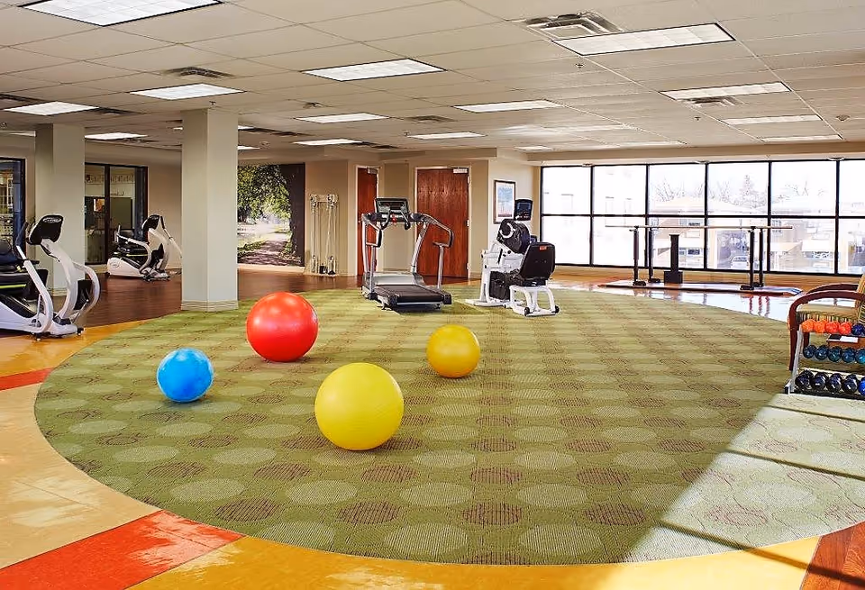 A spacious exercise room with large windows letting in natural light. The room features a green patterned carpet with four colorful exercise balls (blue, red, yellow, and orange) placed on it. There are various exercise machines including treadmills and stationary bikes along the walls. The ceiling has recessed lighting and there are wooden doors and a wall mural visible in the background.