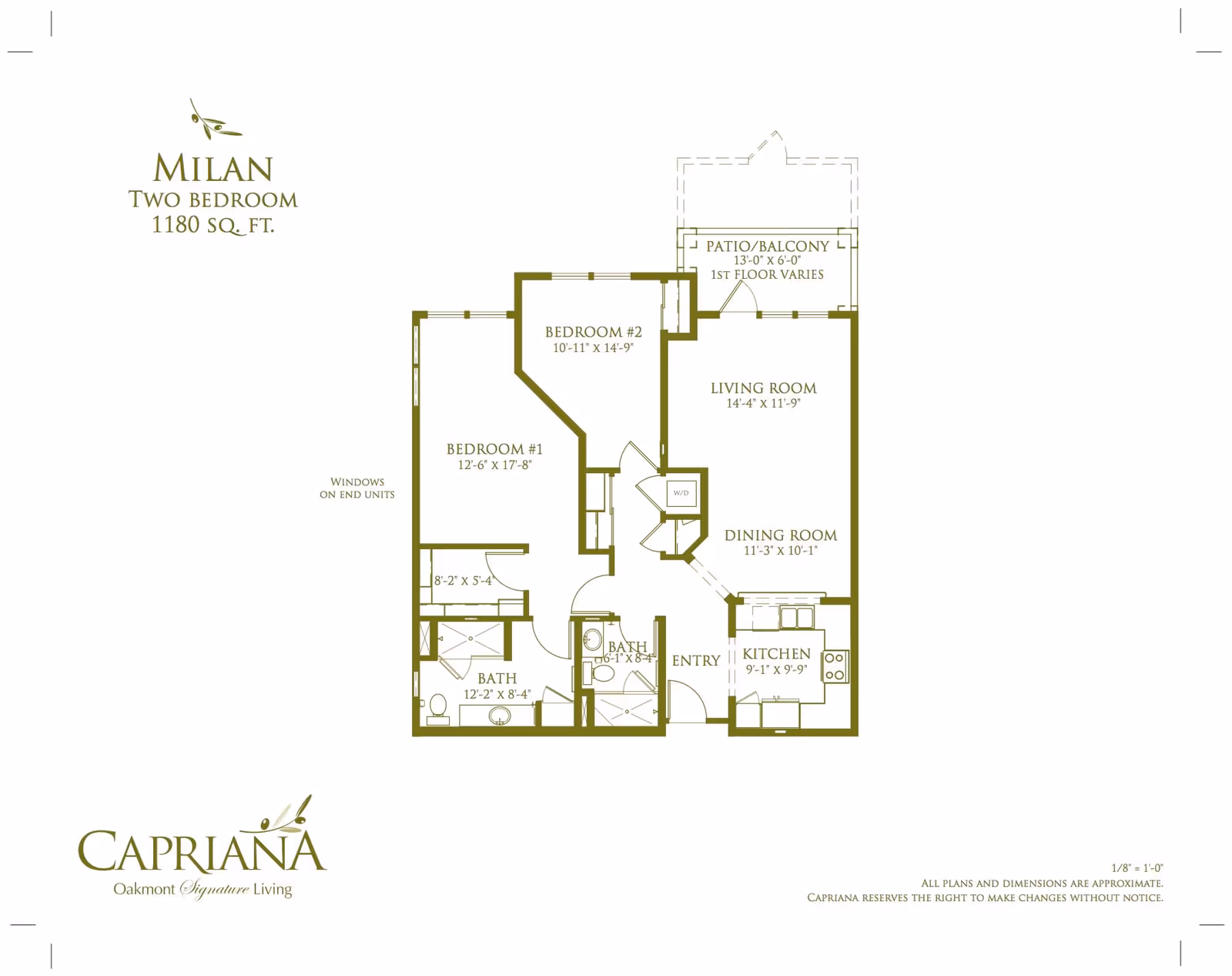 Floor plan of a two-bedroom apartment named Milan with 1180 square feet. It includes two bedrooms, two bathrooms, a kitchen, dining room, living room, entry, and a patio/balcony. Dimensions for each room are provided.