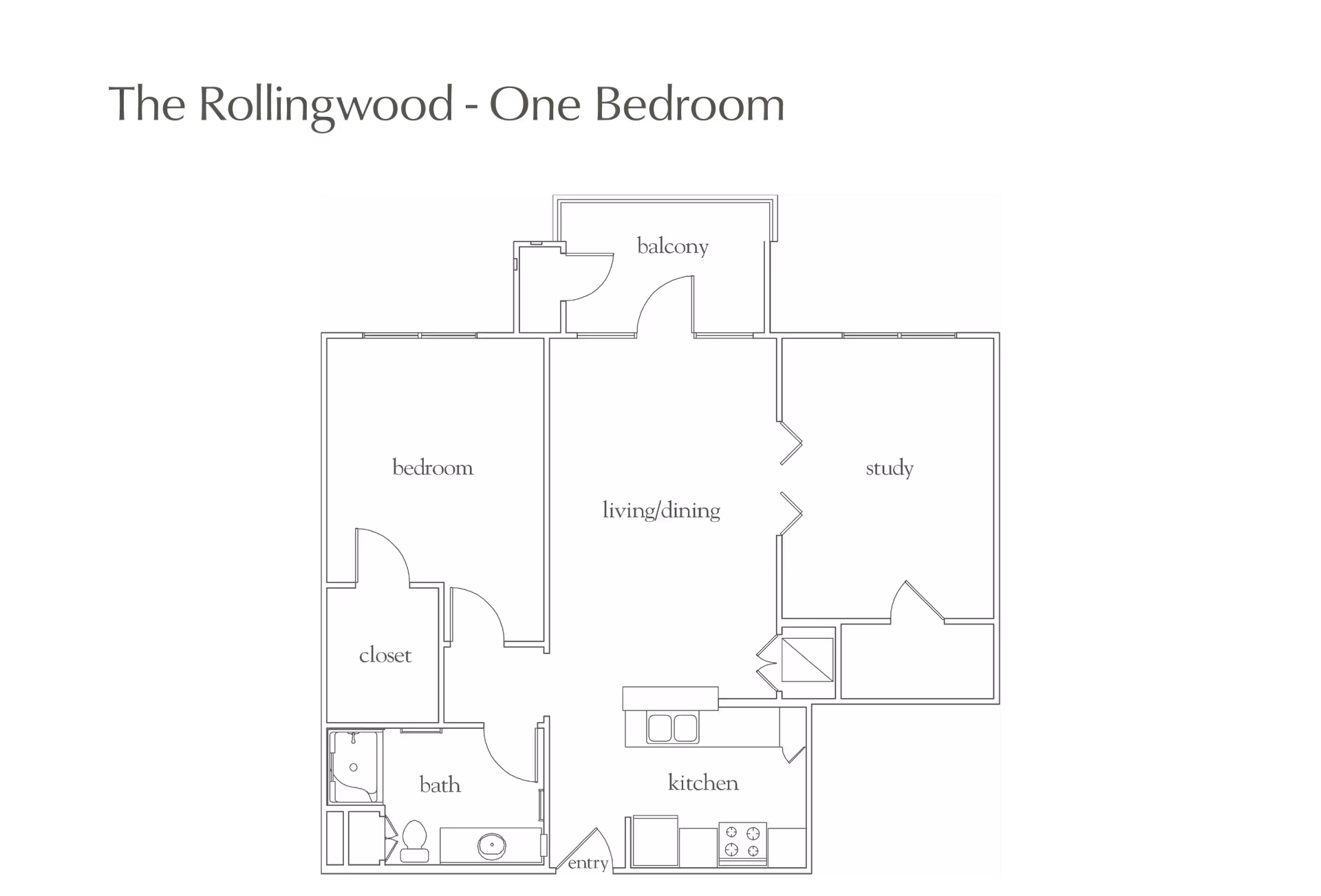 Floor plan of The Rollingwood one-bedroom apartment showing a bedroom with closet, bathroom, kitchen, living/dining area, study, balcony, and entry.