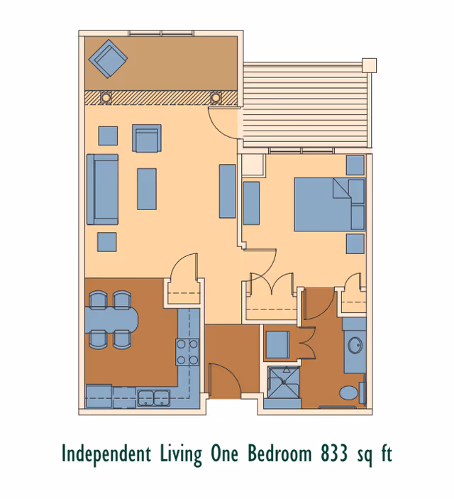 Floor plan of an independent living one-bedroom apartment measuring 833 square feet, showing a living room with seating, a kitchen with dining area, a bedroom, and a bathroom.