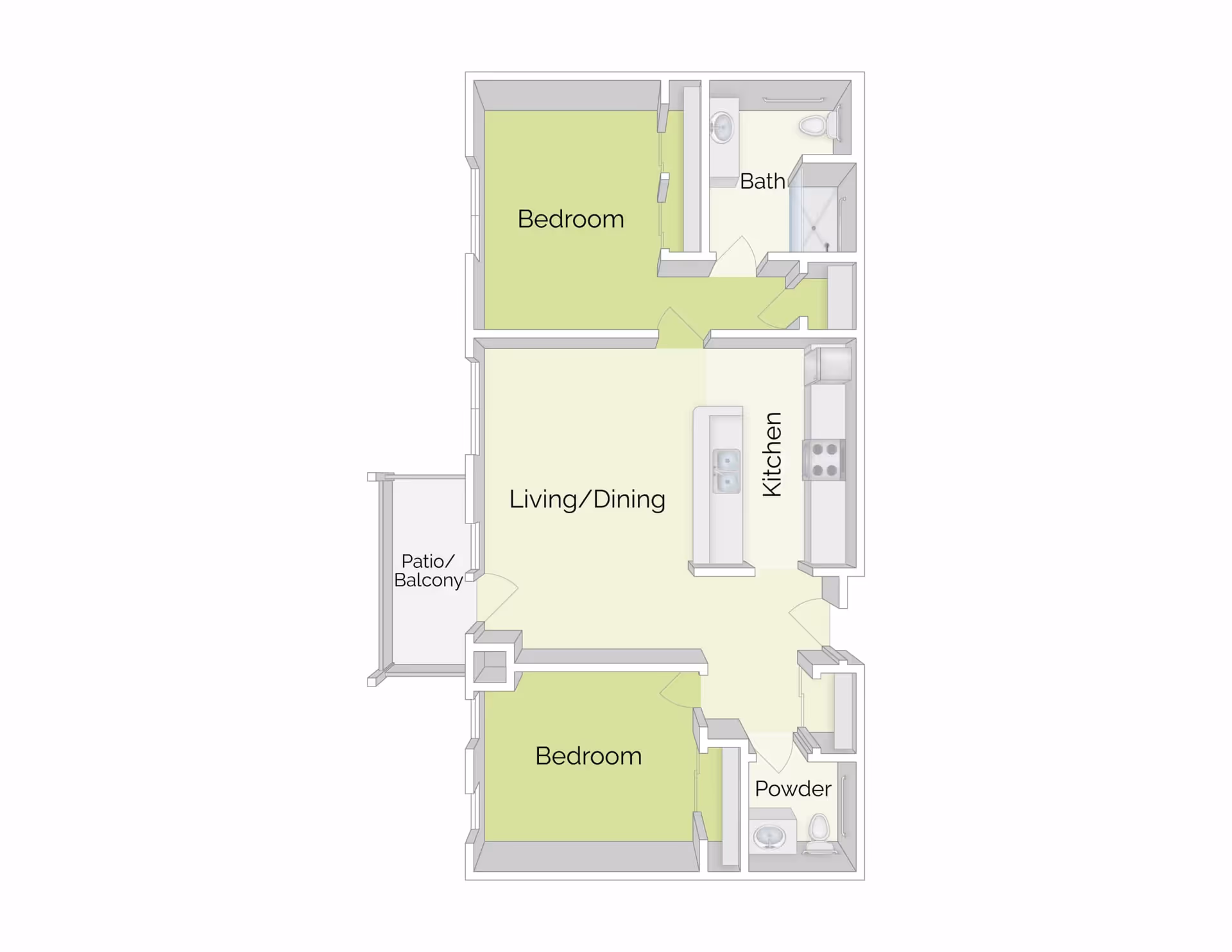 Floor plan of a two-bedroom apartment showing a living/dining area, kitchen, full bath, powder room, and a patio/balcony.