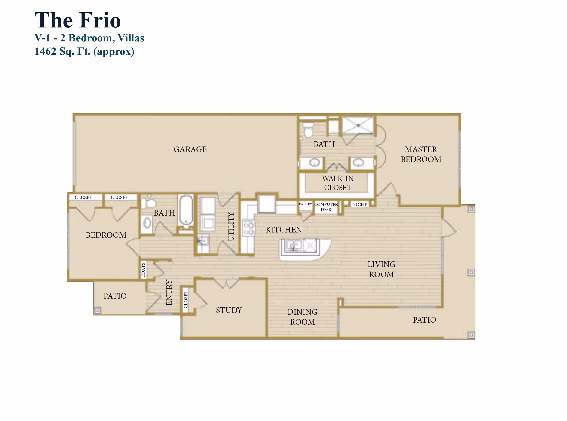 Floor plan of The Frio, a 2 bedroom villa with approximately 1462 square feet. The layout includes a garage, two bedrooms, two bathrooms, a walk-in closet, kitchen, utility room, study, dining room, living room, entry, and two patios.