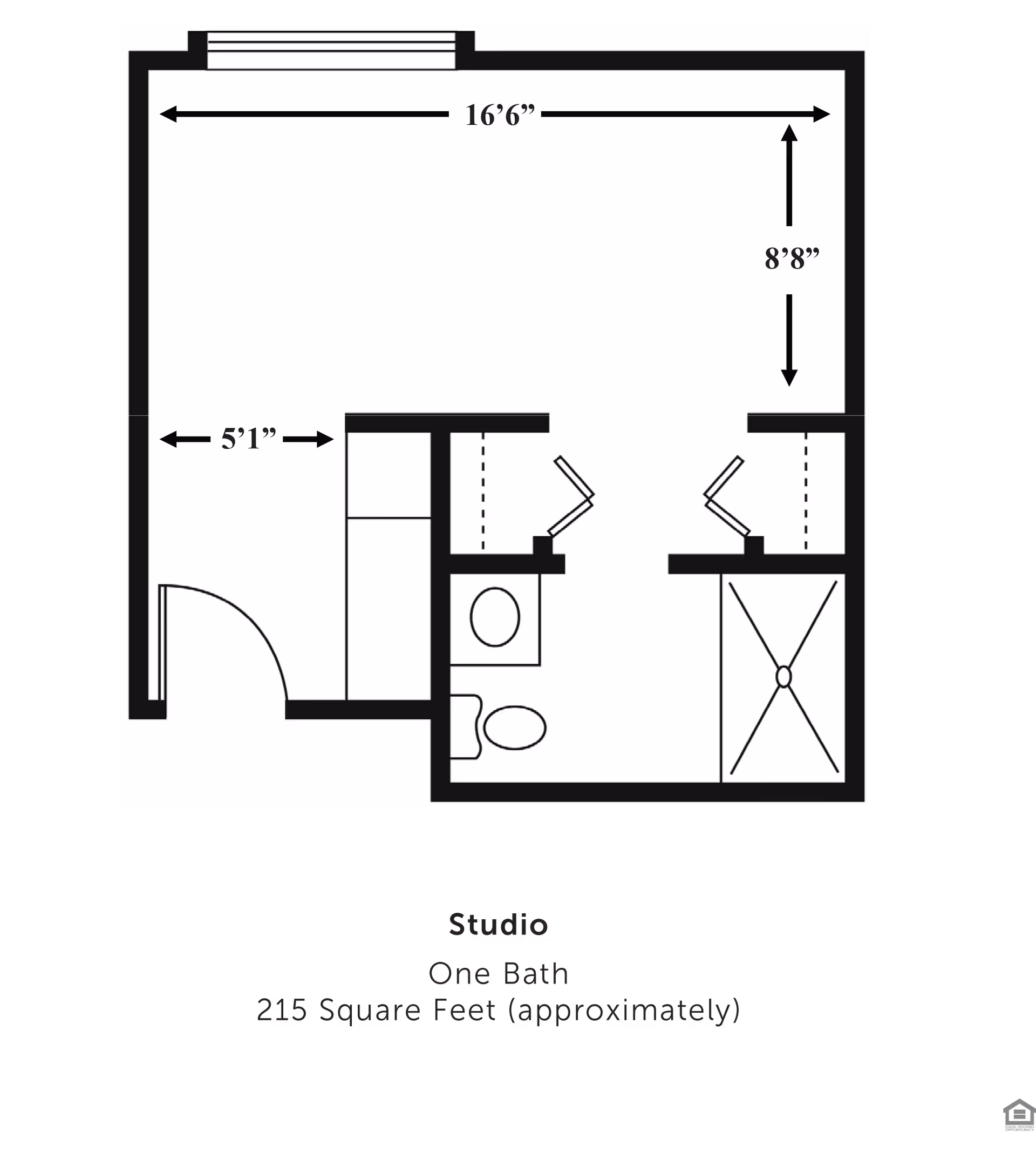 Black-and-white floor plan diagram of a studio apartment showing room dimensions, a bathroom with toilet and shower, and closets.