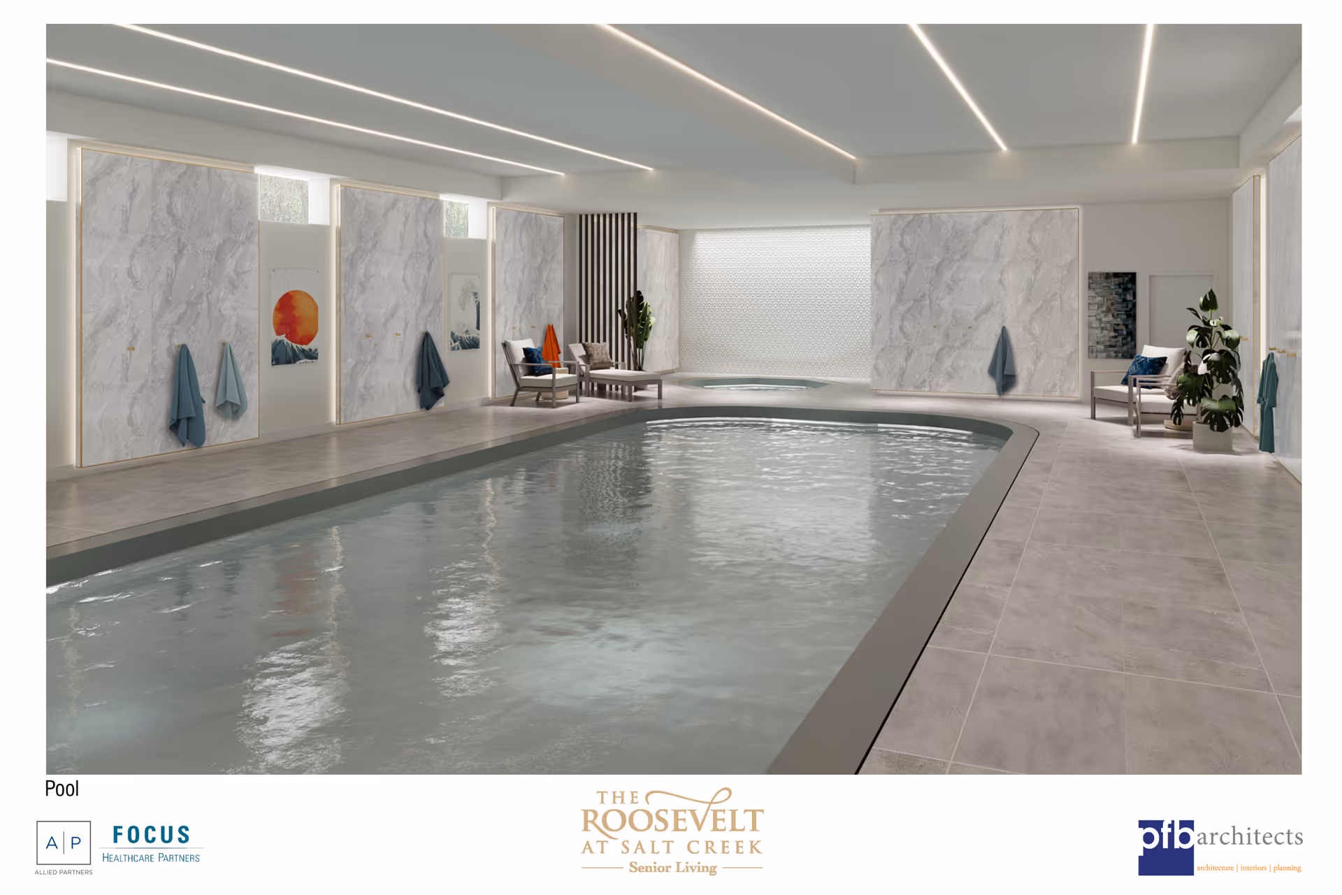 Indoor swimming pool area with lounge chairs, towels on hooks, and decorative wall panels.