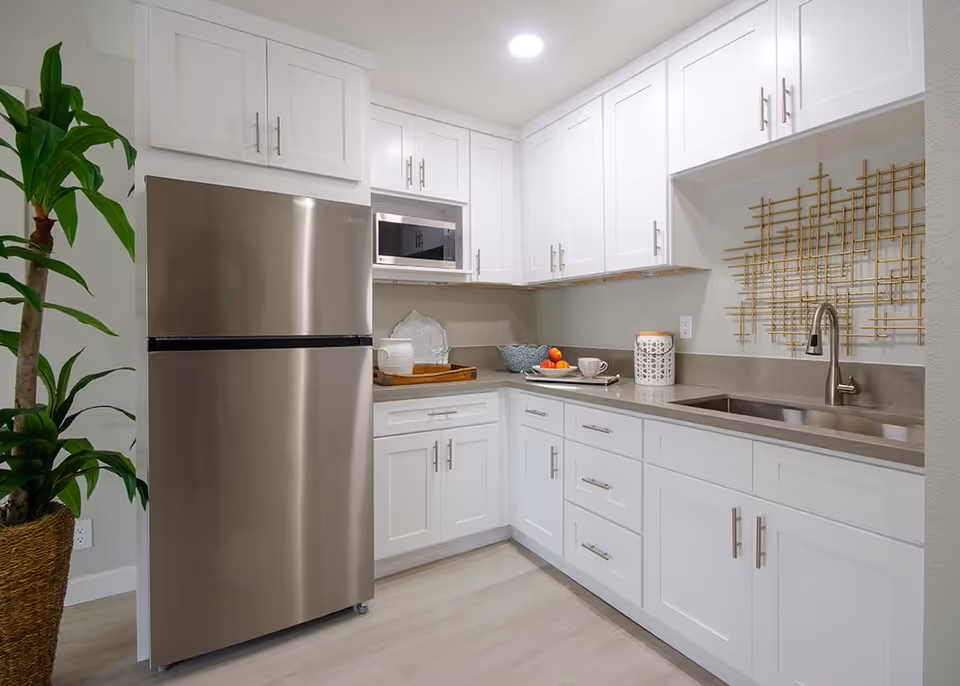 Modern kitchen with white cabinets, stainless steel refrigerator, built-in microwave, gray countertop with a sink, decorative wall art, and a potted plant on the left side.