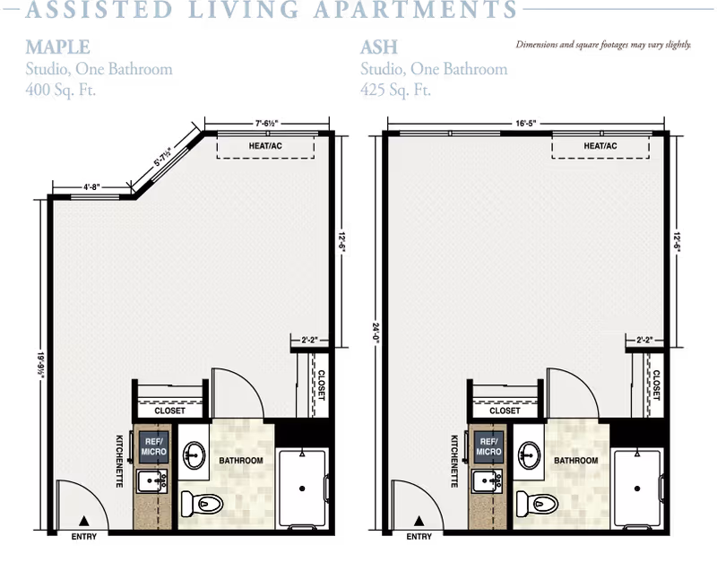 Floor plans for assisted living apartments at Dallas Retirement Village showing two studio layouts named Maple and Ash. Both include a kitchenette, bathroom, closets, and designated heat/AC areas. Maple is 400 sq. ft. and Ash is 425 sq. ft.