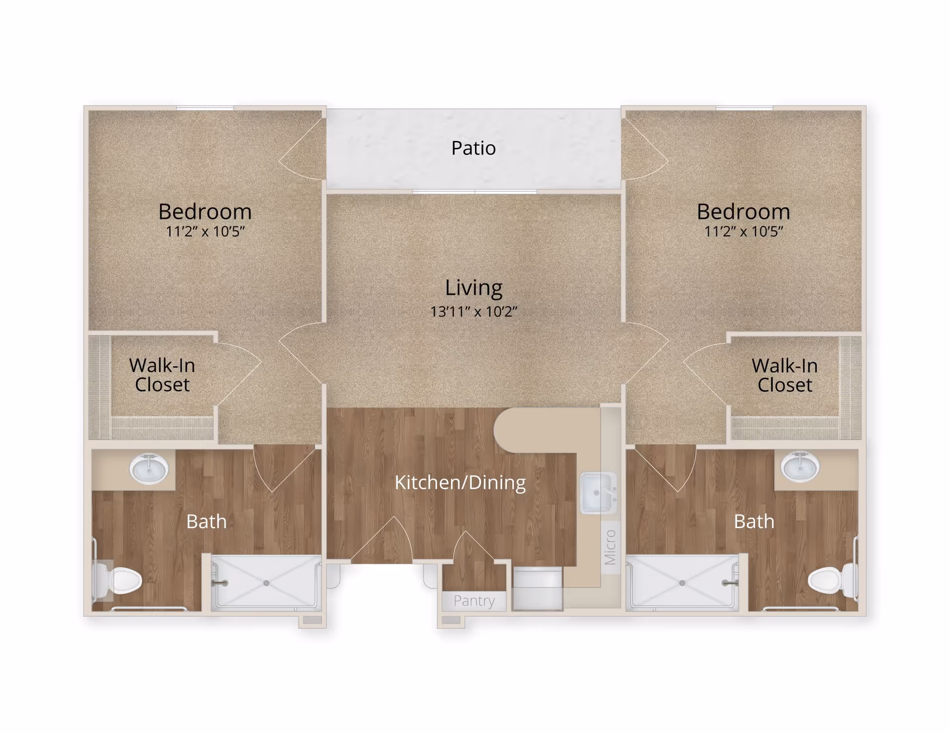 Floor plan of an apartment with two bedrooms, each having a walk-in closet and a bathroom. The living area is centrally located with access to a patio. The kitchen and dining area are combined and adjacent to the living room, with a pantry and microwave included.