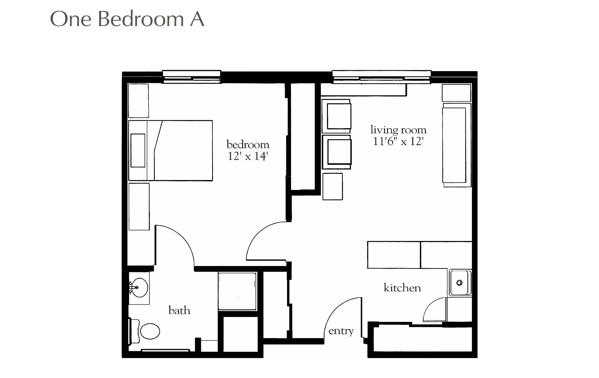 Black-and-white floor plan titled 'One Bedroom A' showing a one-bedroom layout with bedroom, living room, kitchen, entry, and bath.