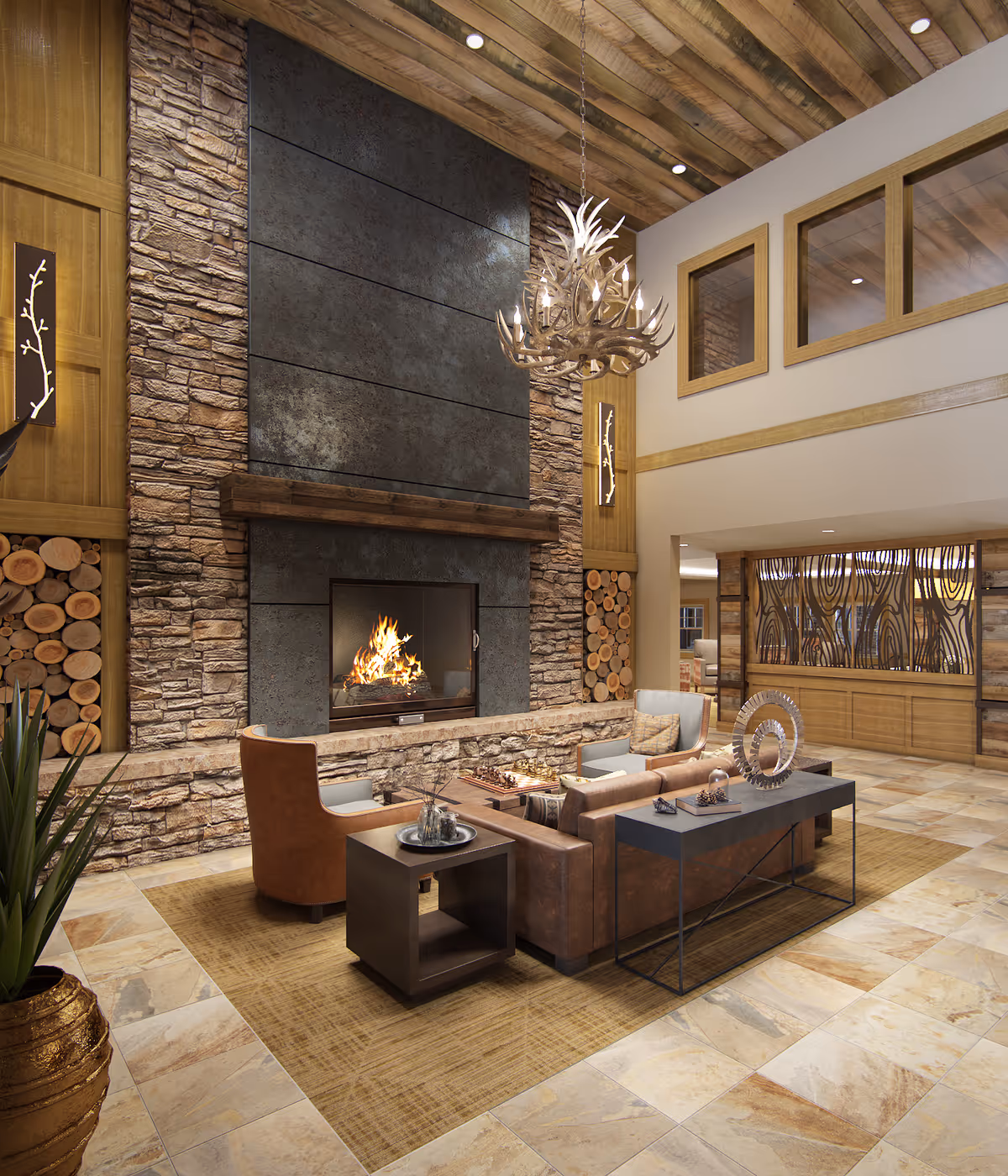 Spacious rustic communal lounge with seating arranged around a large stone fireplace beneath a high wood-beamed ceiling.