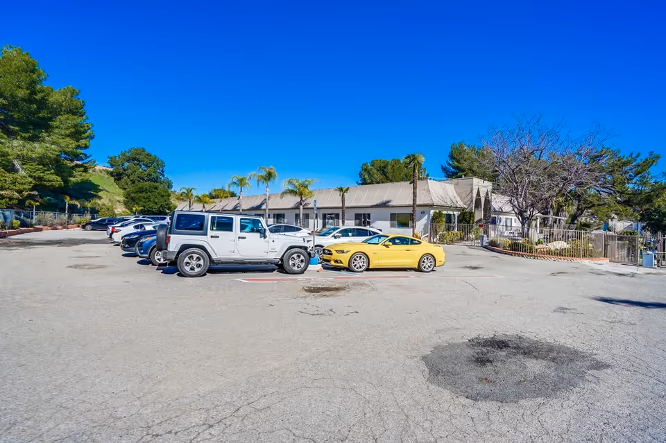 Parking lot with several cars in front of a single-story building lined with palm trees under a clear blue sky.