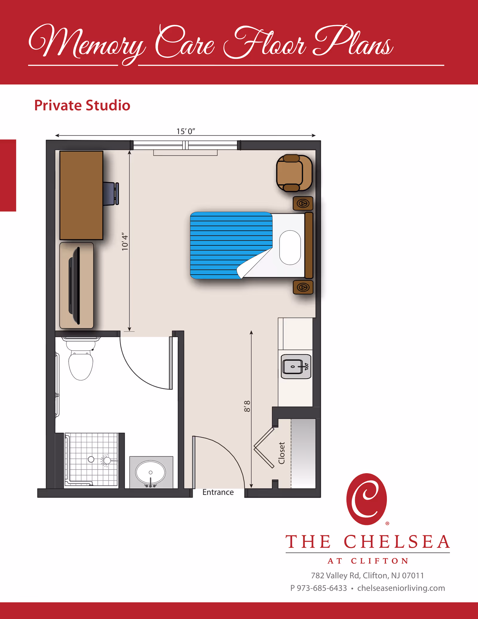Top-down floor plan of a private studio memory care apartment showing a bed, chair, desk/TV area, kitchenette, closet, and bathroom with dimensions.