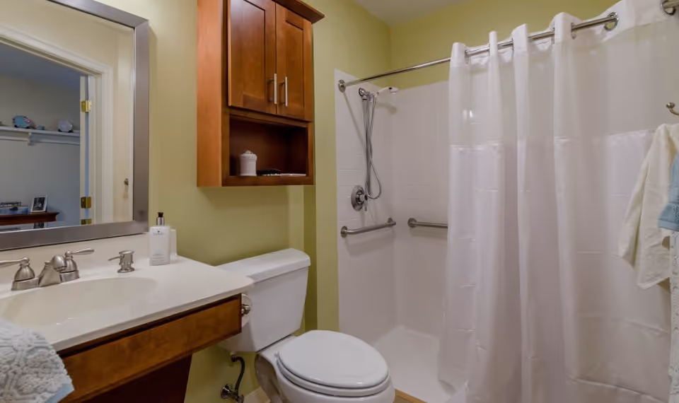 A bathroom with a white toilet, a sink with a silver faucet, a large mirror above the sink, a wooden cabinet mounted on a light green wall, and a shower area with white tiles and a white shower curtain. There are grab bars installed inside the shower for safety.