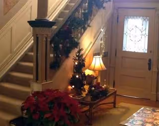 Cozy foyer with staircase, holiday decor, poinsettias, and a lit lamp near a front door.