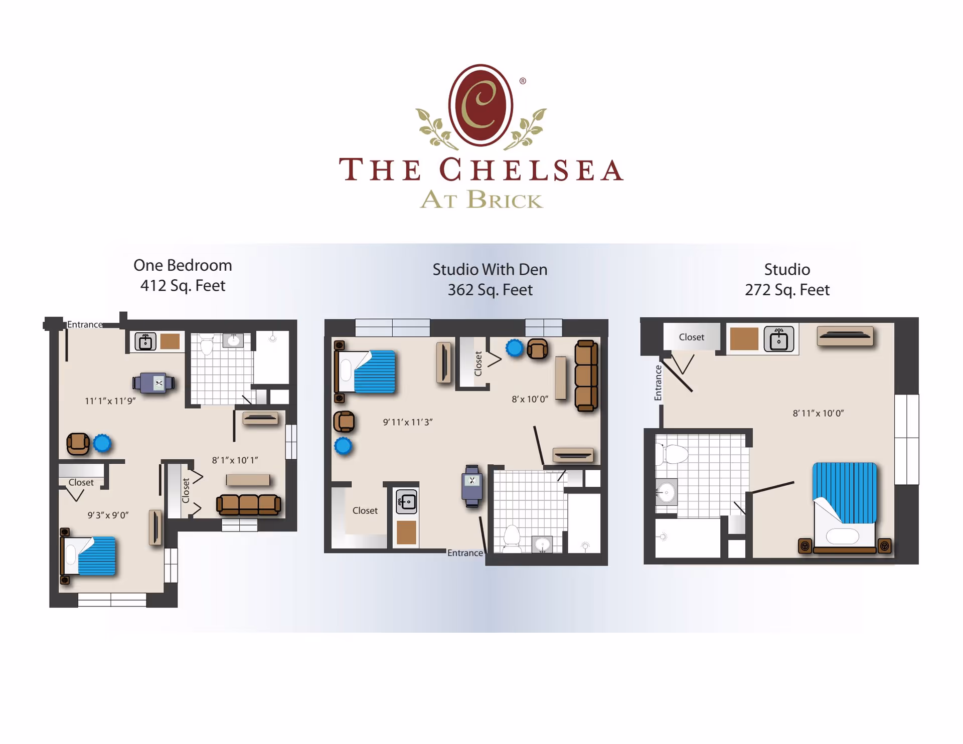 Floor plans for three apartment layouts at The Chelsea at Brick: One Bedroom (412 sq. feet), Studio with Den (362 sq. feet), and Studio (272 sq. feet). Each layout shows room dimensions, furniture placement, closets, kitchen areas, bathrooms, and entrances.