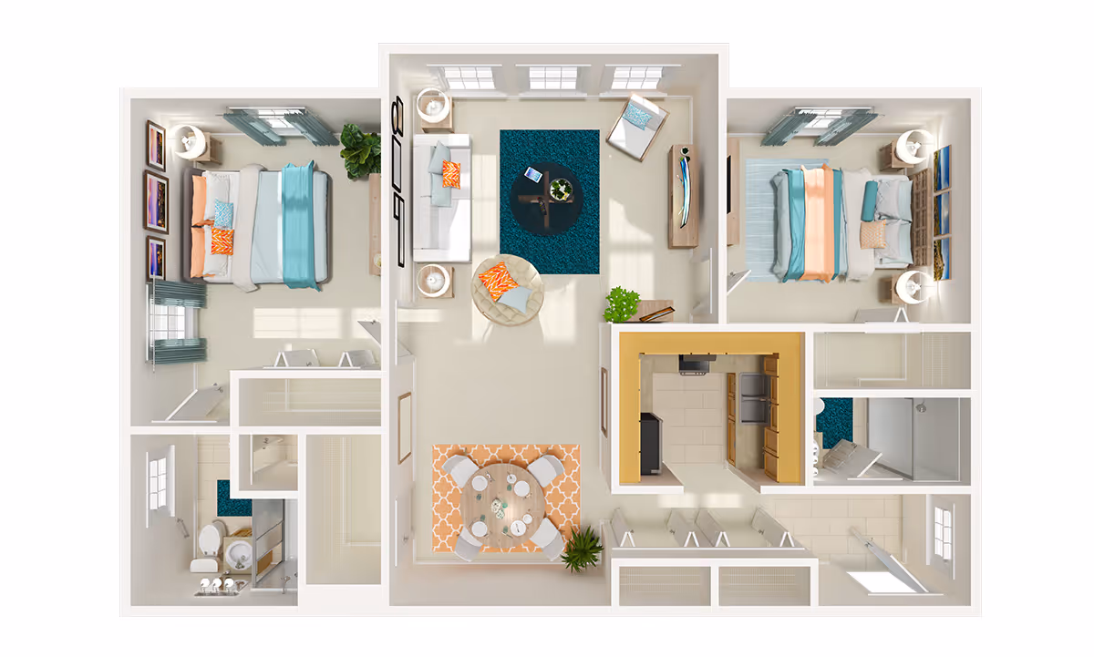 Top-down rendered floor plan of a two-bedroom apartment showing a living room, kitchen, dining area and bathroom.
