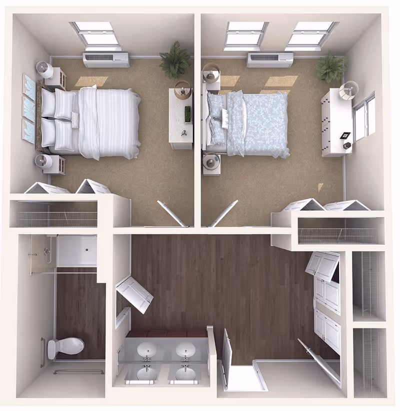 Top-down rendered floor plan of a two-bedroom apartment with a shared bathroom, double sinks, and central living area.
