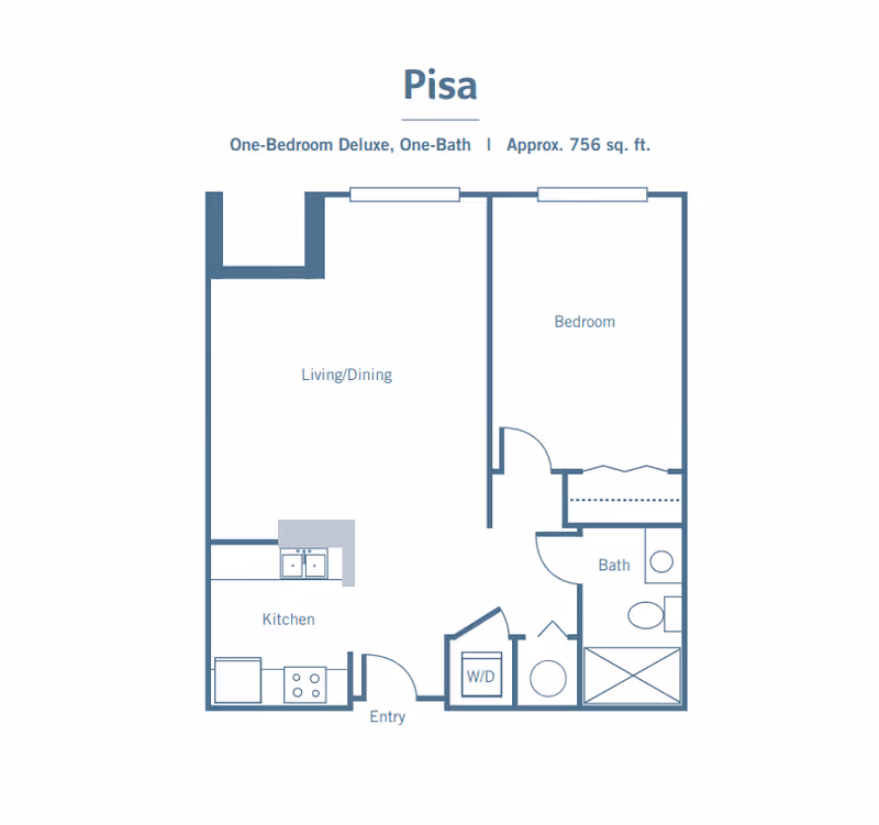 Floor plan of a one-bedroom deluxe apartment named Pisa, approximately 756 square feet, showing layout with entry, kitchen, living/dining area, bedroom, bathroom, and washer/dryer closet.
