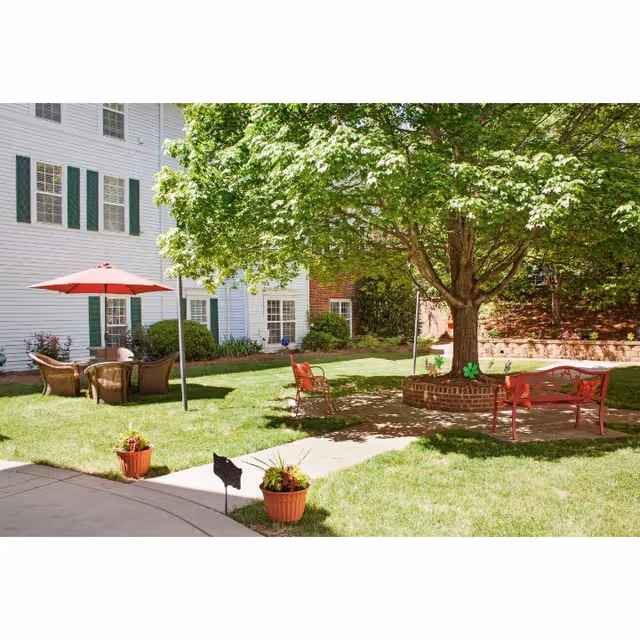 Outdoor garden area at Brighton Gardens of Charlotte featuring a large tree with a circular brick planter, red benches, a patio with a red umbrella, and several chairs on a well-maintained lawn.