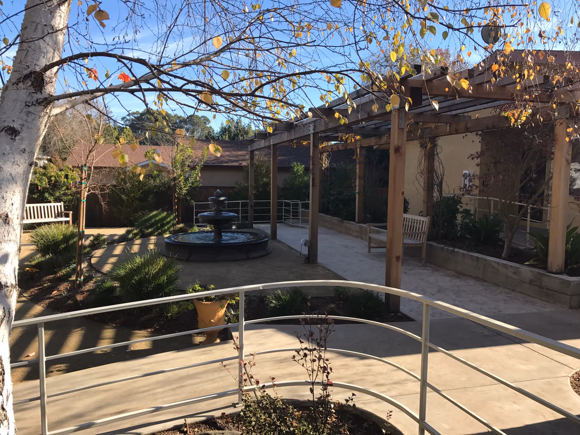 Outdoor courtyard area with a central water fountain surrounded by plants and trees with autumn leaves. There are wooden benches along the pathways and a wooden pergola providing partial shade. The sky is clear and blue.