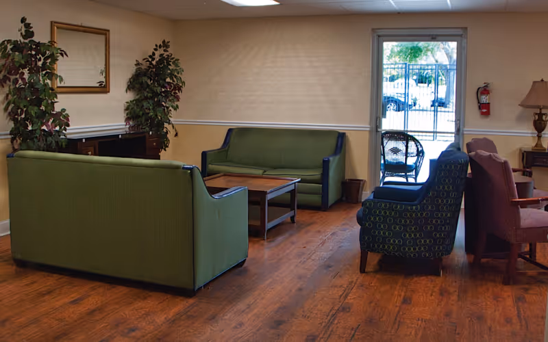 A cozy living room area with wooden flooring, featuring two green sofas facing each other with a wooden coffee table in between. There are two armchairs, one with a circular pattern and the other in a solid color, positioned near a door that leads outside. The room also has a side table with a lamp, a fire extinguisher mounted on the wall, a large mirror, and two potted plants.