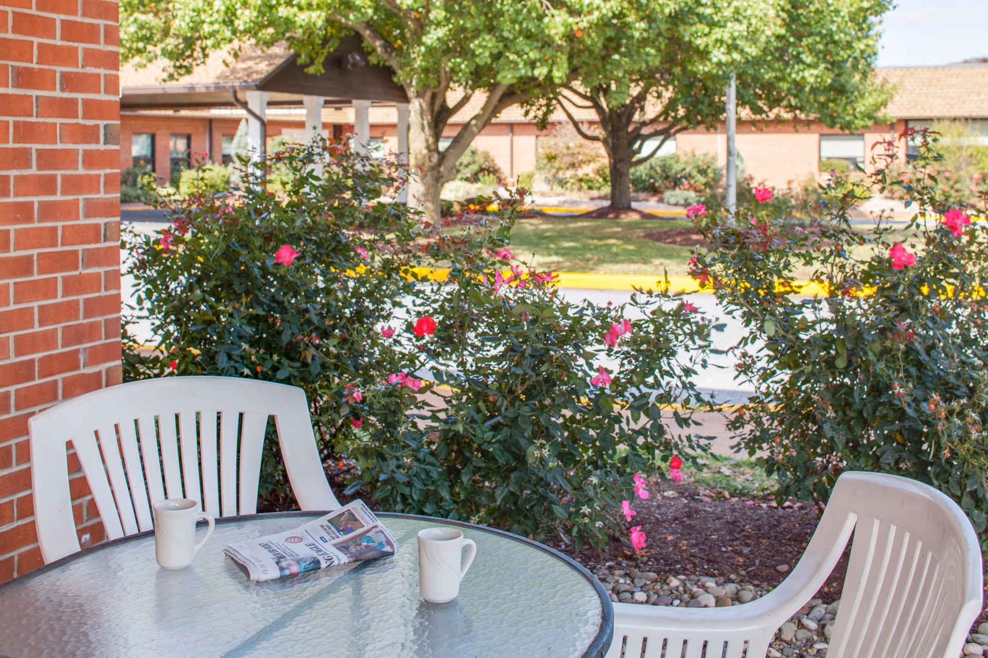 Outdoor patio area with a round glass table and two white plastic chairs. On the table are two white mugs and a folded newspaper. Surrounding the patio are green bushes with pink flowers, and in the background, there are trees and a brick building.