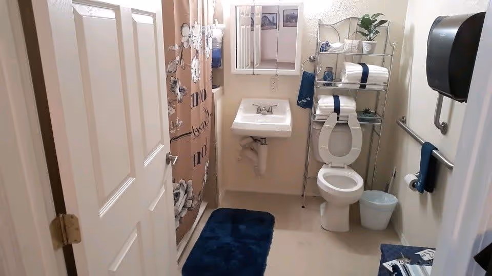 A small bathroom with a white toilet, a white sink with a mirror cabinet above it, and a shower with a floral-patterned curtain. There is a metal shelving unit above the toilet holding folded towels and a potted plant. Blue bath mats are on the floor, and there are grab bars on the wall near the toilet. A paper towel dispenser is mounted on the wall.