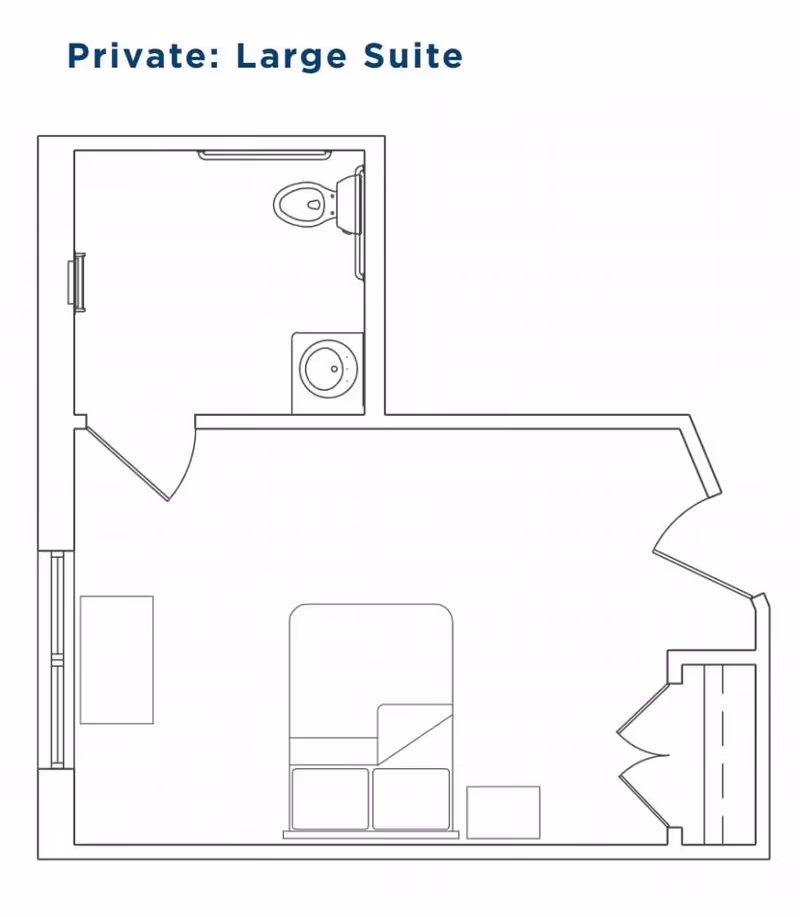 Architectural floor plan of a private large suite showing a bedroom area with a bed, a small table, a closet, and an attached bathroom with a toilet and sink.
