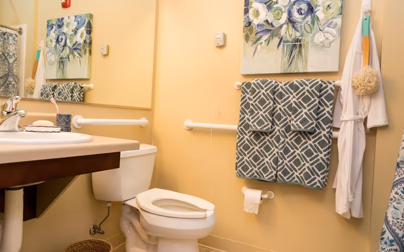 A well-decorated bathroom featuring a white toilet, a sink with a wooden vanity, and floral artwork on the wall. Two patterned towels hang on a towel rack, and a bathrobe is draped nearby.