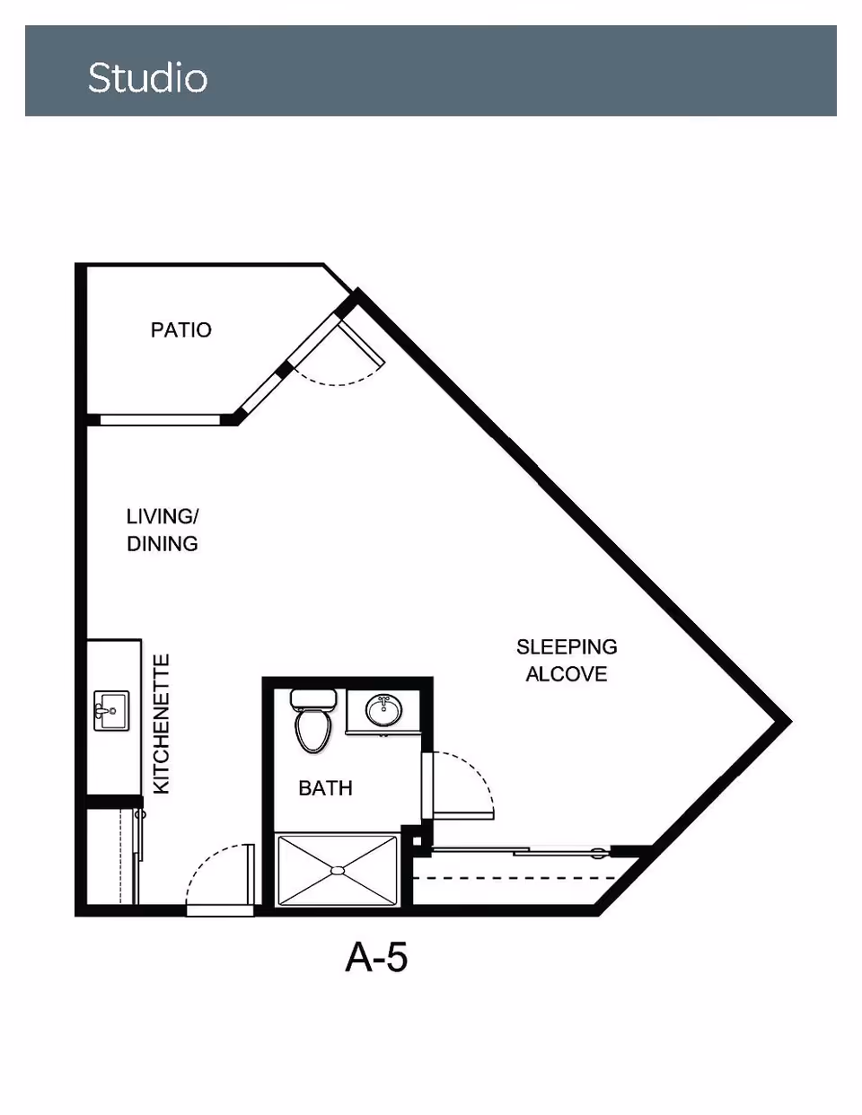 Floor plan of a studio apartment labeled A-5, showing a patio, living/dining area, kitchenette, bath, and sleeping alcove.