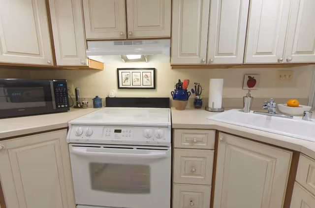 A compact kitchen area with cream-colored cabinets and countertops. The kitchen features a white electric stove with an oven, a microwave on the left countertop, a sink with a faucet on the right, and various kitchen utensils in containers. Above the stove is a range hood with a light, and a framed picture with botanical prints hangs on the wall behind the stove.