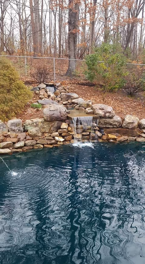 A small outdoor pond with a rock waterfall feature surrounded by trees and bushes. The water is clear with ripples, and there is a chain-link fence in the background with leafless trees beyond it.