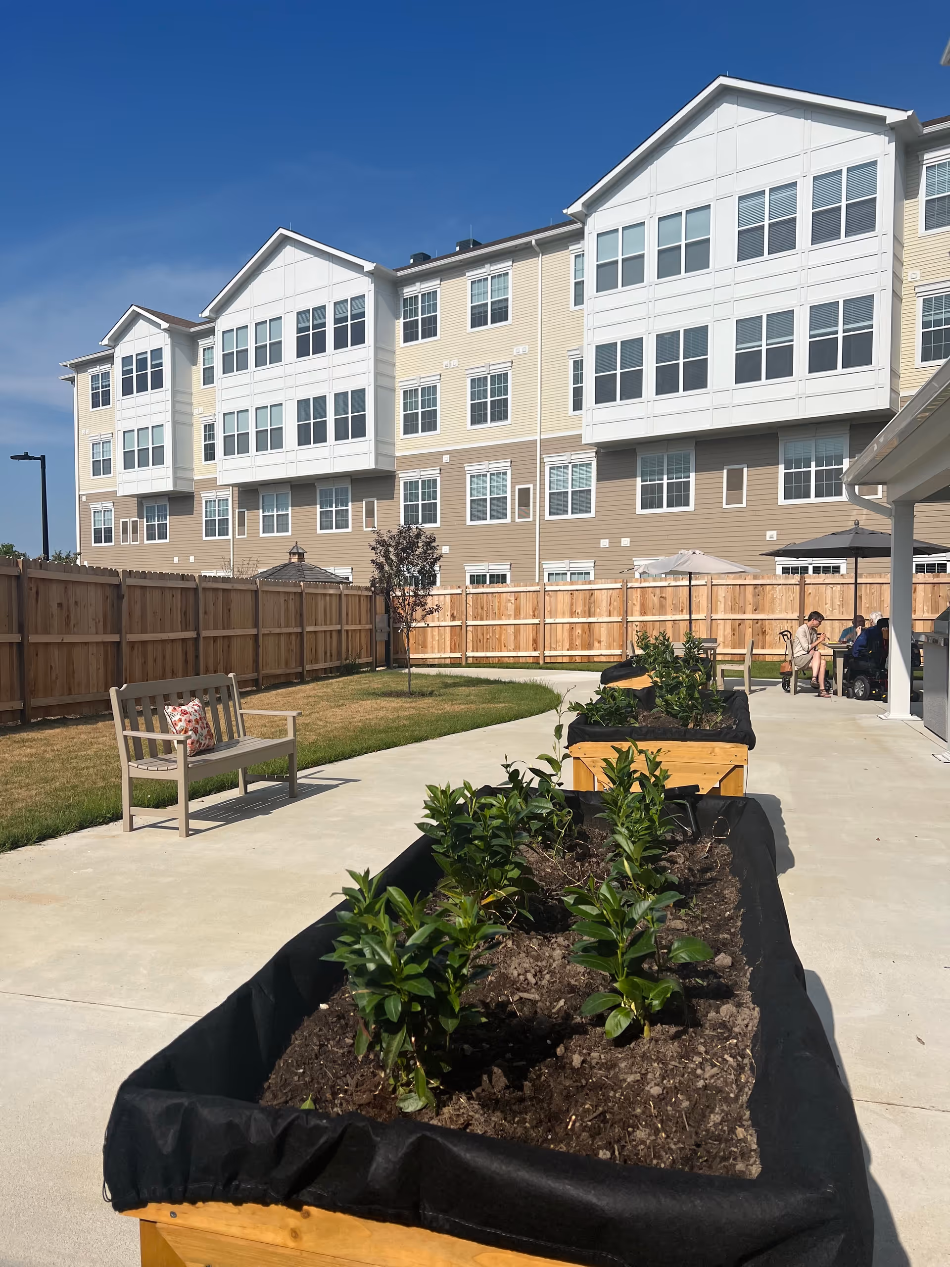 Outdoor garden area at Harmony at Kent featuring raised garden beds with young plants, a wooden bench with a decorative pillow, a wooden fence, and a multi-story residential building in the background under a clear blue sky. Two people are seated near the building on the right side.